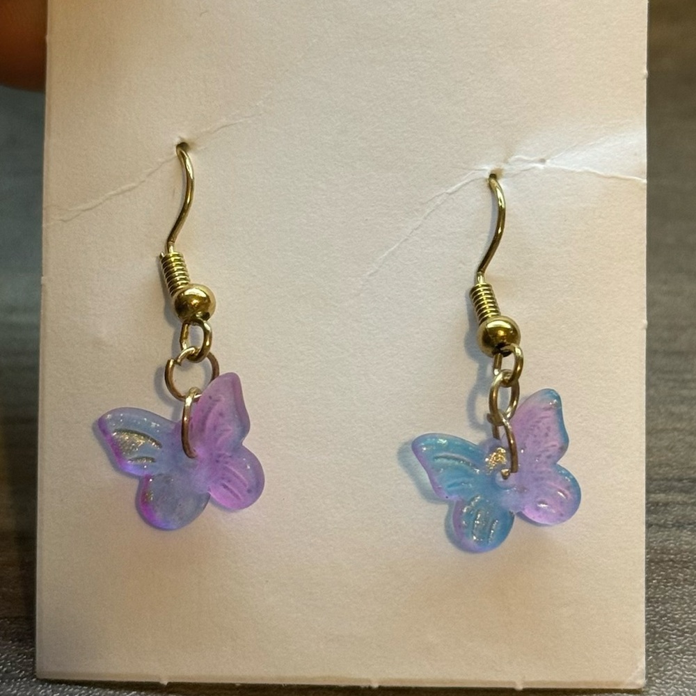 Butterfly Drop Earrings - Purple & Blue Iridescent